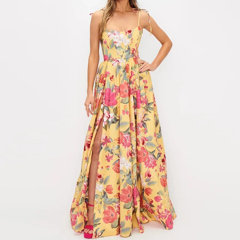 Vestido elegante con tirantes Bohe y estampado Floral, vestidos plisados divididos con hombros descubiertos, vestidos largos de cintura con cordones a la moda para mujer
