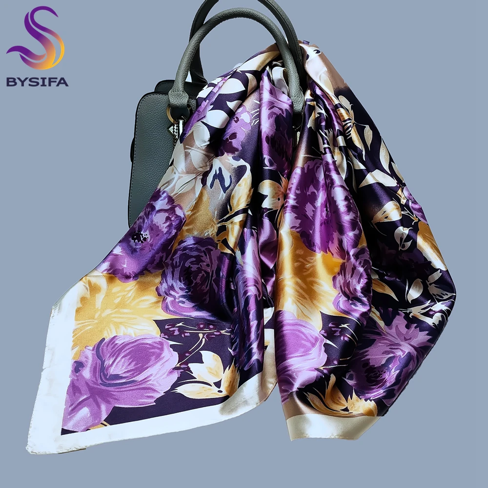 [BYSIFA] Fall Winter Purple Satin Scarves Printed Fashion Women Accessories Elegant Roses Large Square Silk Scarf Hijab 90*90CM