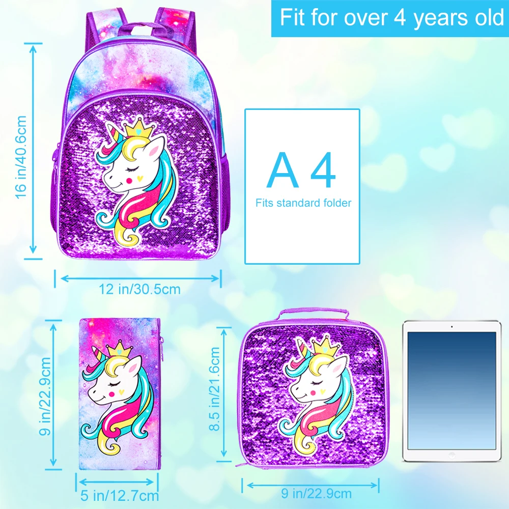 

3PCS Girls Backpack, 16" Kids Sequins Unicorn Bookbag with Lunch Box, School Bags for Elementary Preschool Kindergarten - Purple