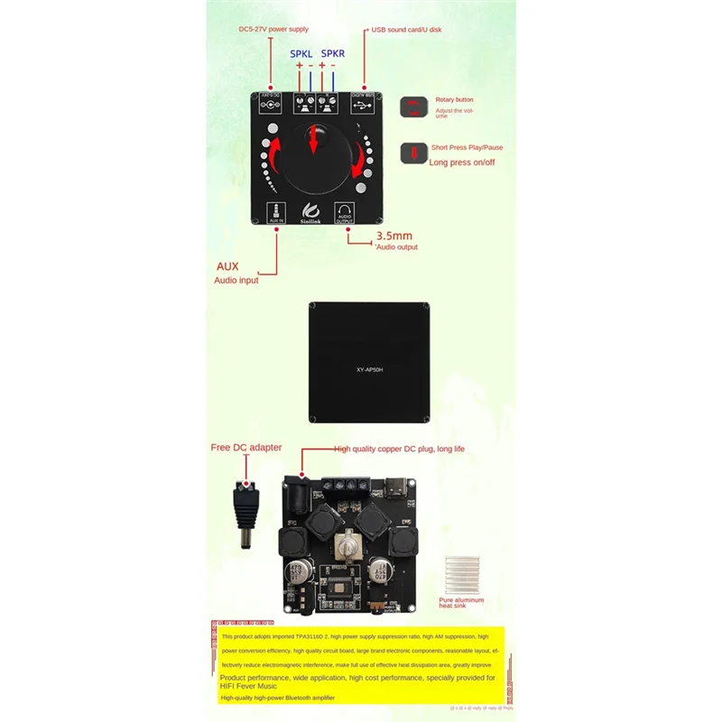 

ABKM XY-AP50H HIFI Fever 2.0 Stereo Bluetooth5.0 Amplifier Board TPA3116D2 50W+50W High-Bass Adjustable Stereo Audio Module