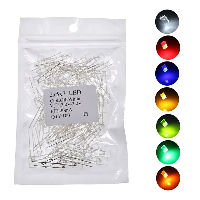 100 sztuk/paczka 2x5x7 kwadratowa dioda LED lampa biały czerwony zielony niebieski żółty pomarańczowy wskaźnik DIY