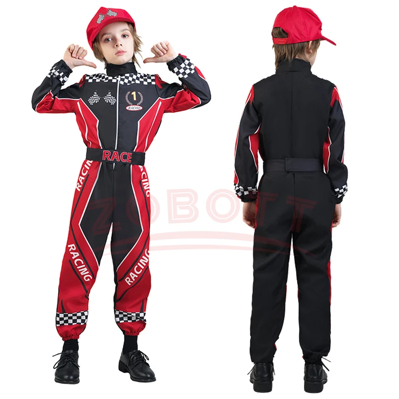 

Новый детский карнавальный костюм гонщика, классический красный цельный тренировочный костюм для гонок, шляпа, детский костюм из джерси для картинга на Хэллоуин, одежда