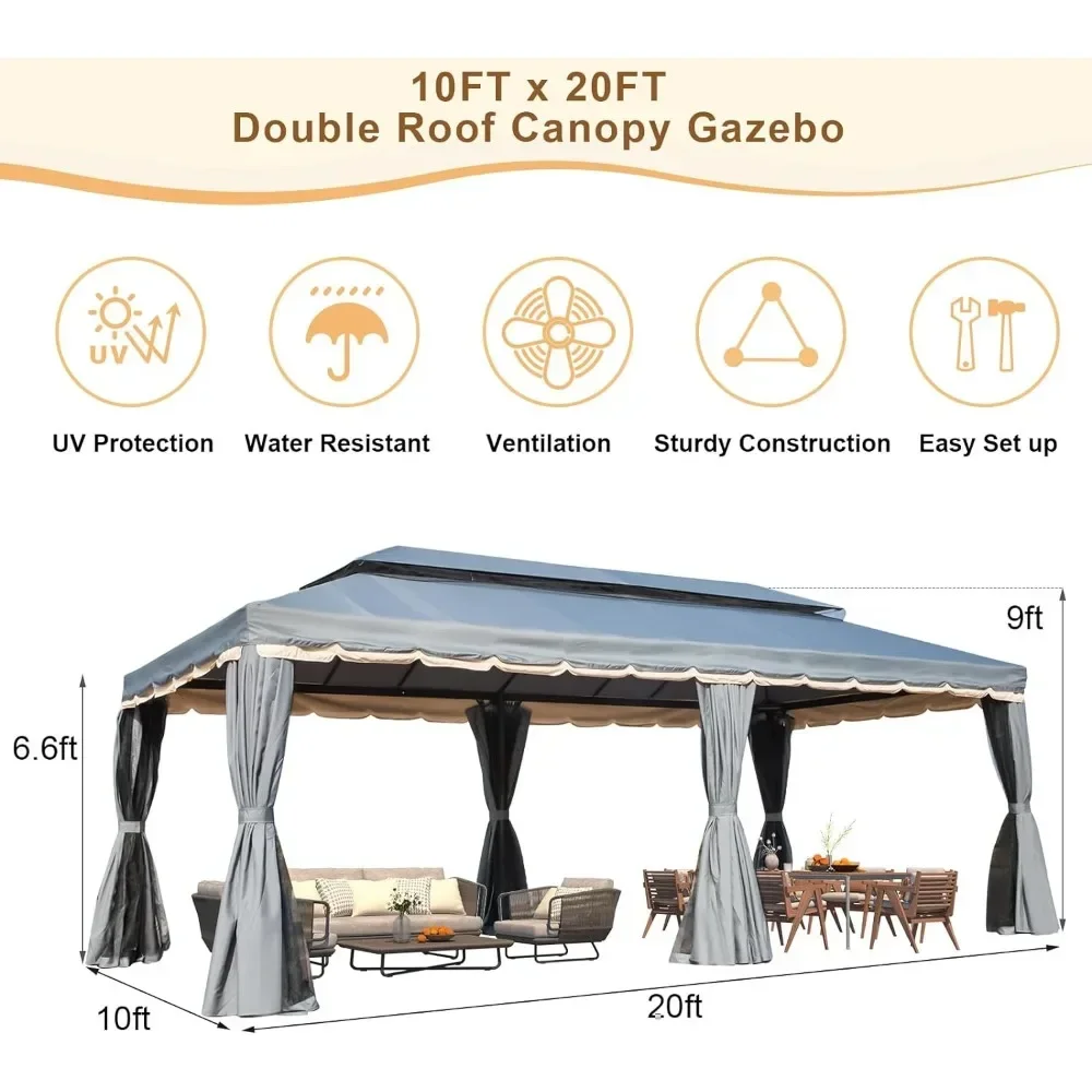 Imagem -05 - Pátio Guarda-chuva Tendas com Rede e Sombra Cortinas Duplo Telhado Pátio Steel Frame Outdoor Canopy Garden Gazebo 10x20