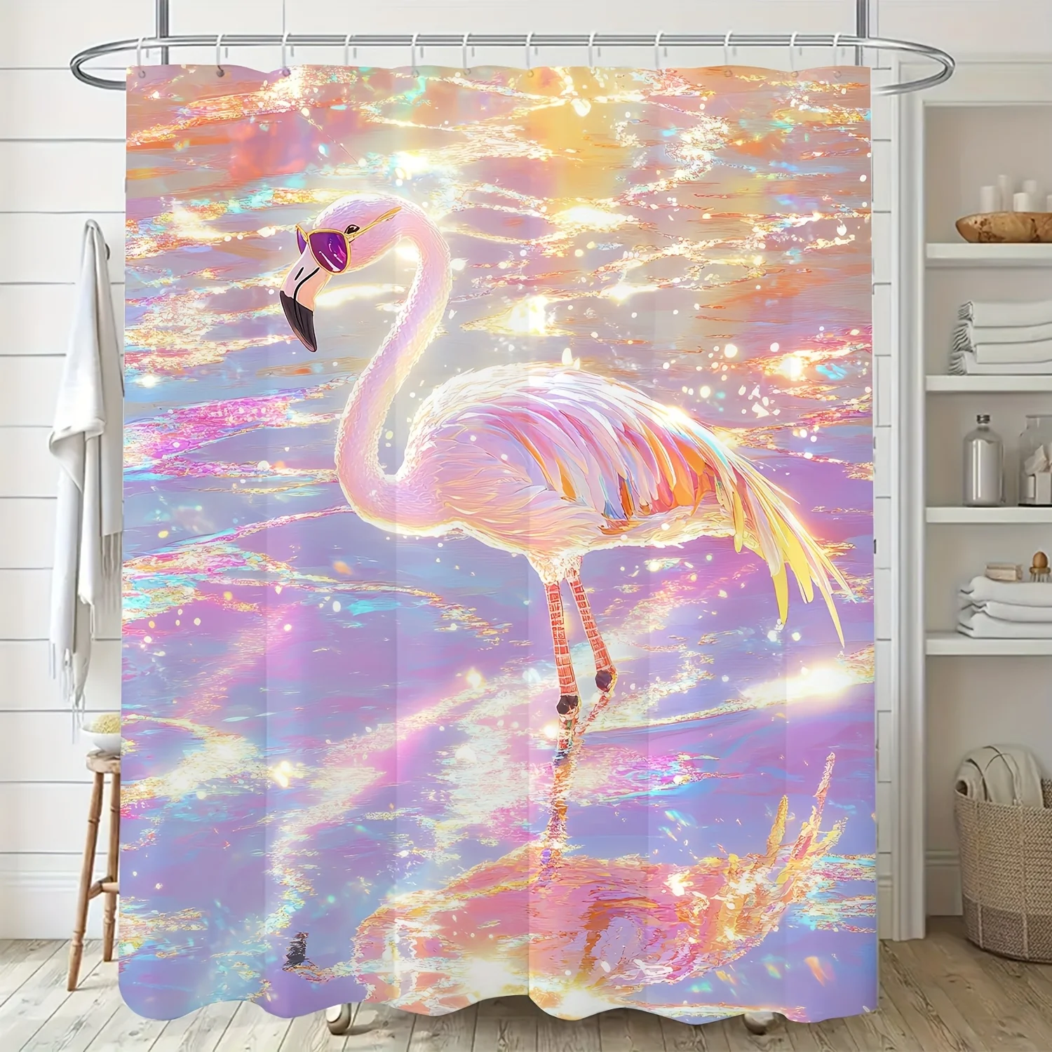 

1 шт., современная занавеска для душа с изображением фламинго, яркий полиэстеровый декор для ванной комнаты с цифровой печатью и крючками, можно стирать в машине, химерная