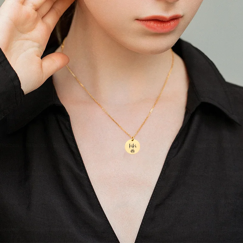 

Custom stainless steel round pendant necklace with pattern and text, personalized jewelry gift, personal fashion item