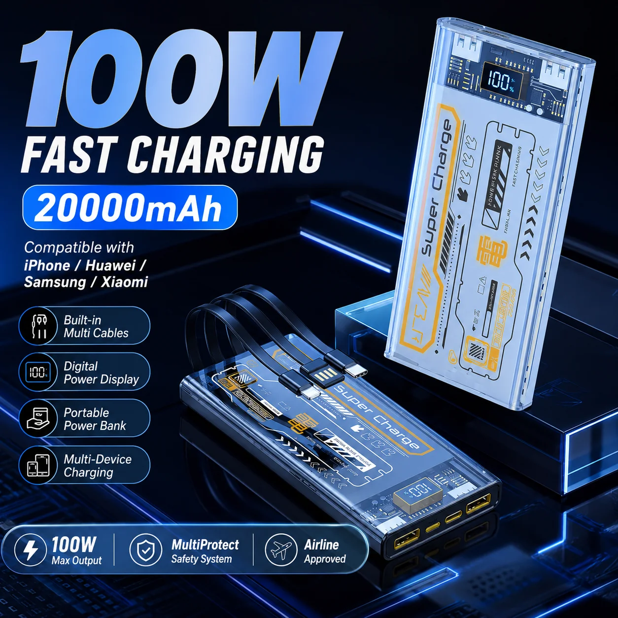 New 100W 20000mAh Power Bank for IPhone Huawei Samsung Xiaomi Transparent Mecha Comes with Three Lines Portable Power Station