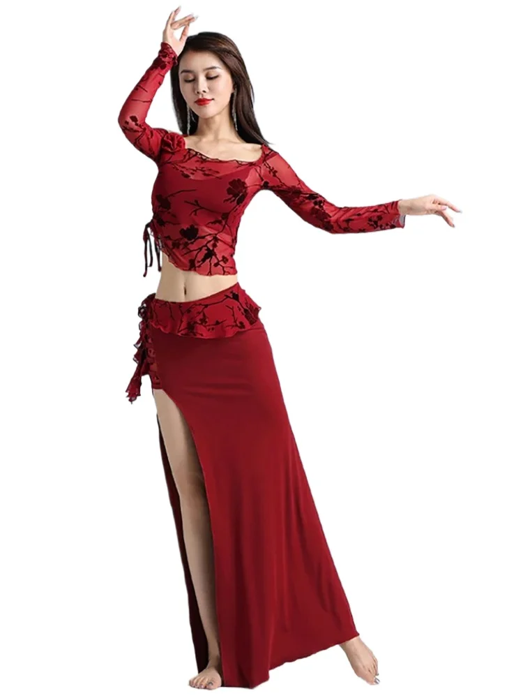 

2 Pcs Set Belly Dance Costumes Top & Skirt Long Sleeves Dancing Outfit for Adult Stage Performance Wearing Suit Practice Clothes