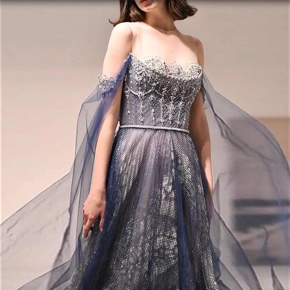 

Scz051 Sparkling Crystal Blue Dubai Luxury Evening Dress With Cape Sleeves Elegant Women Wedding Party Formal Gowns