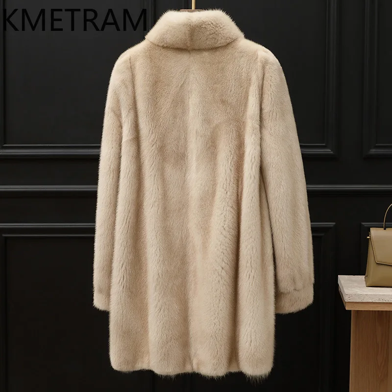 Damska kurtka z prawdziwego futra norki, beżowa, średniej długości, wysokiej jakości, zimowa odzież damska, futrzane kurtki 2025 шуба