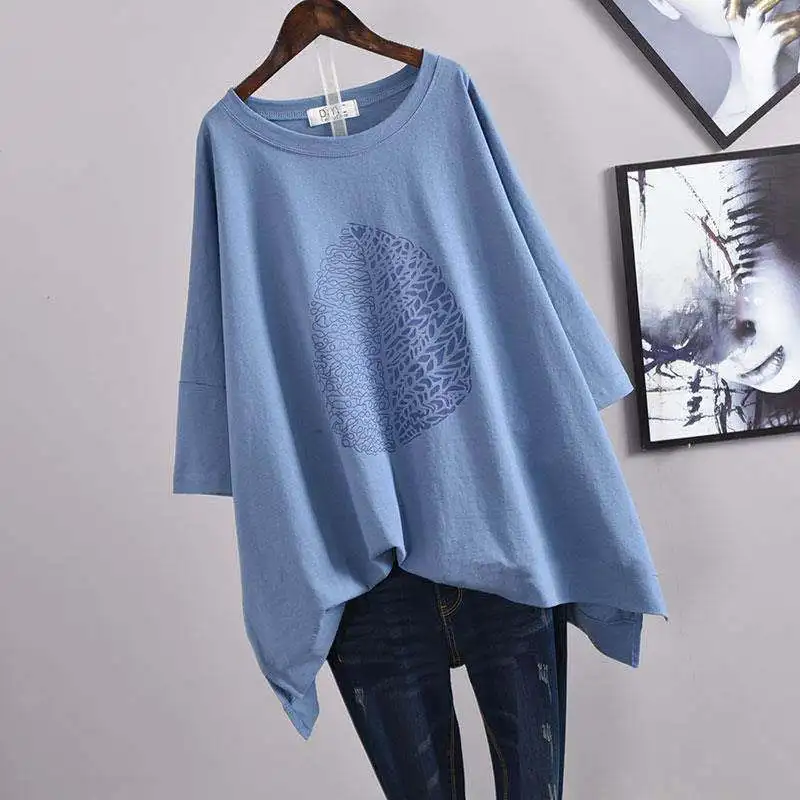 Summer New Printing Plus Size Tops Tees Round Neck Short Sleeve Loose Basic Pullovers Casual Fashion Women Clothing