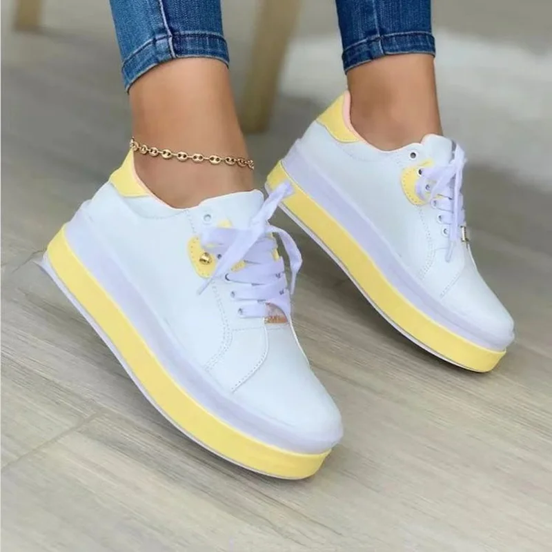 Women\'s Vulcanized Shoes Sports Shoes 2022 Outdoor Platform Shoes Female Casual PU Fashion Lace-Up Sneakers Women Wedge Flats