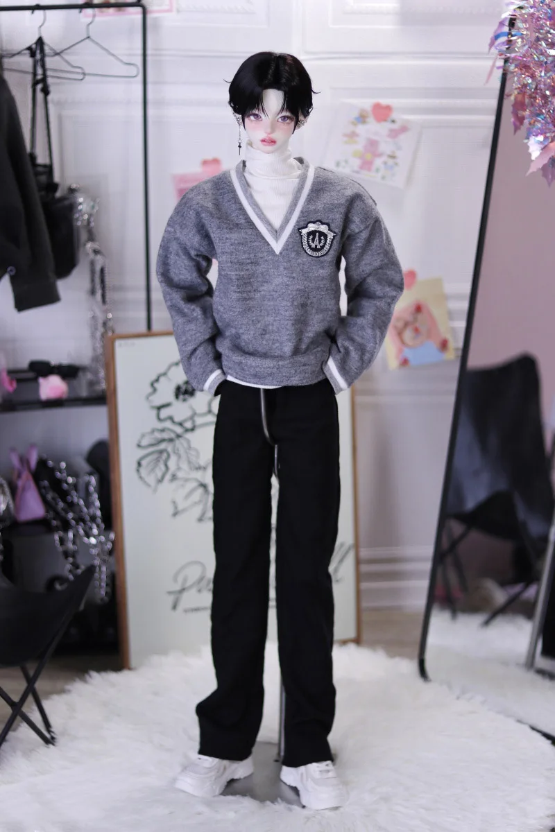 [High Quality] 1/3 BJD Dolls Student Grey Knitted Pullover Sweater White Base Shirt Black Pants for ID75 POPO68 Uncle SD10 Toys