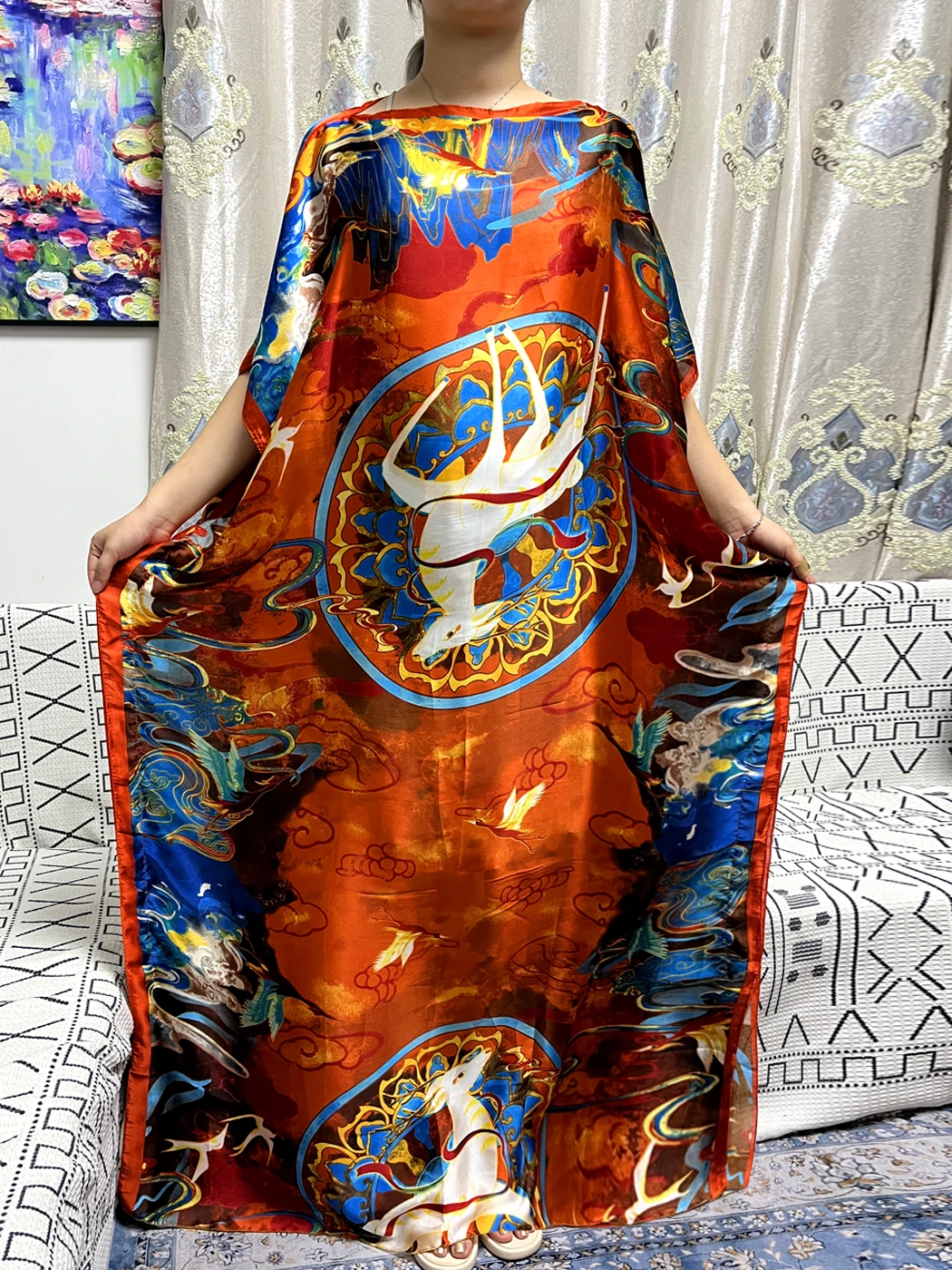 Abayas For Women 2023 Summer Silk Deer Pattern Loose Femme Robe African Nigeria Islam Evening Party Dresses With Belt Turban