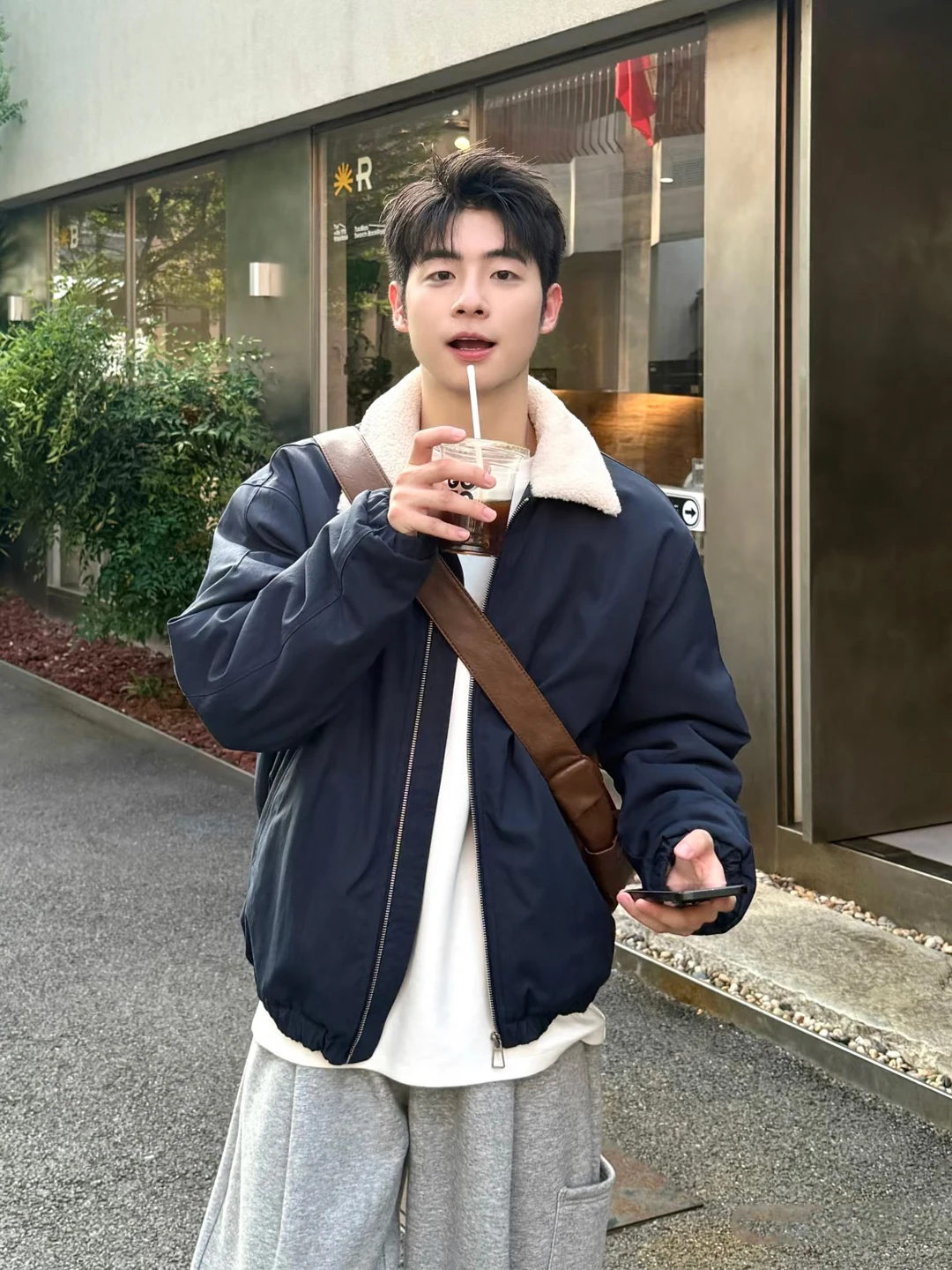 

Thiened Lamb Fur Collar Cotton Jaet Men's Winter Flight Coat Advanced Sensation Workwear Outerwear Cleanfit Sle Pure Color