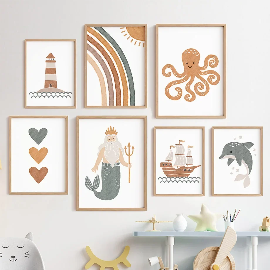 Sailor pulpo ballena velero corazón arcoíris cuadro sobre lienzo para pared carteles nórdicos e impresiones imágenes para decoración de habitación de bebés y niños