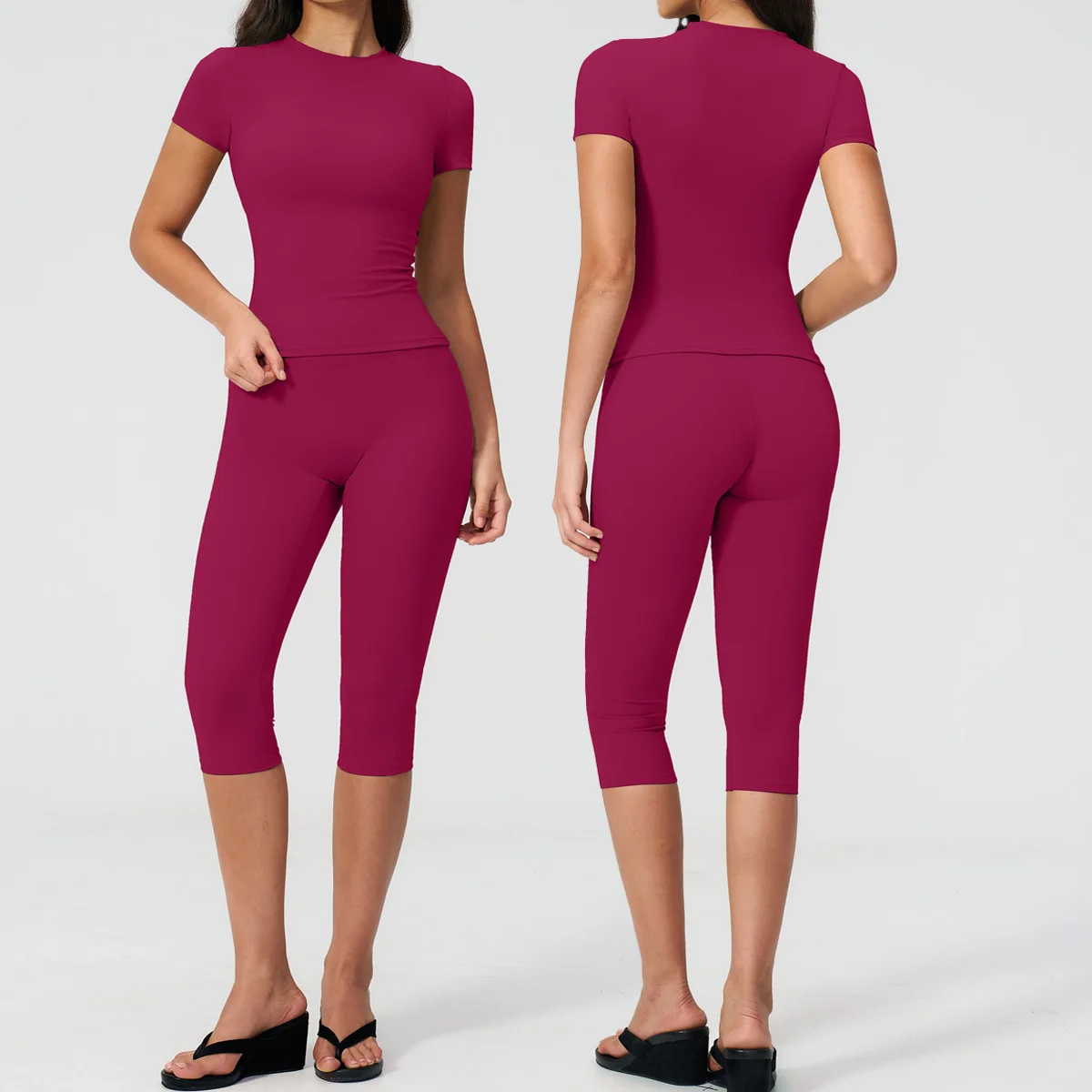 Women Yoga Set 2PCS Workout Set Sportswear Gym Clothing Fitness Shorts Sleeve High Waist Mid-length Legging Sports Suits