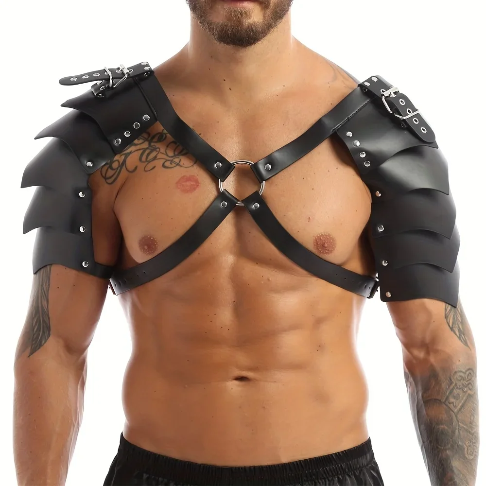 Arnês de couro PU masculino gay, ombro duplo, fivelas de armadura, corpo sexual, peito, cinto para sexo adulto, cosplay, festa de Halloween