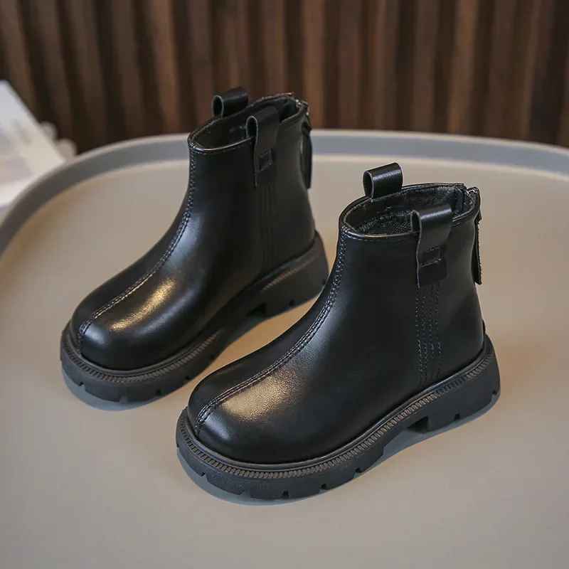 Girls Chelsea Boots Round-toe Children Leather Boots Non-slip 2024 New Fashion Kids Black Brown Short Boots for Boys Britain PU