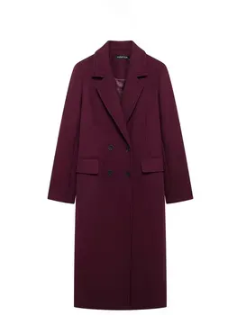 HH Women Fashion Burgundy Coat Double Breasted Long Sleeve Lapel Blends Jacket Autumn Winter High Street Outerwear 5