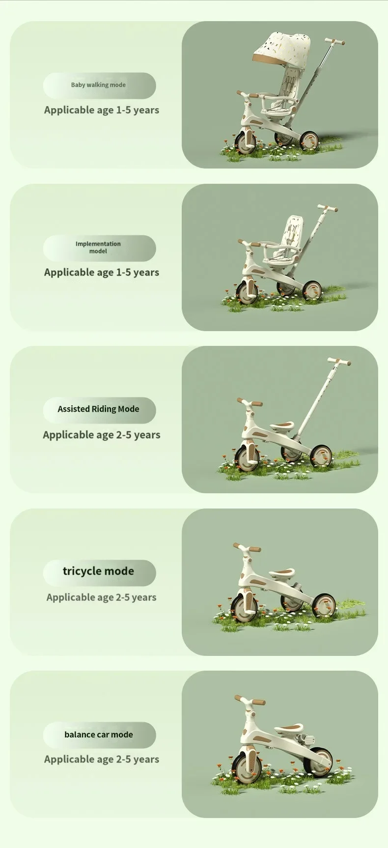 Triciclo girevole 5 in 1 per bambini L'auto della contea spinta a mano può sdraiarsi e sedersi Trike per bambini 1-6 anni Passeggino per bicicletta