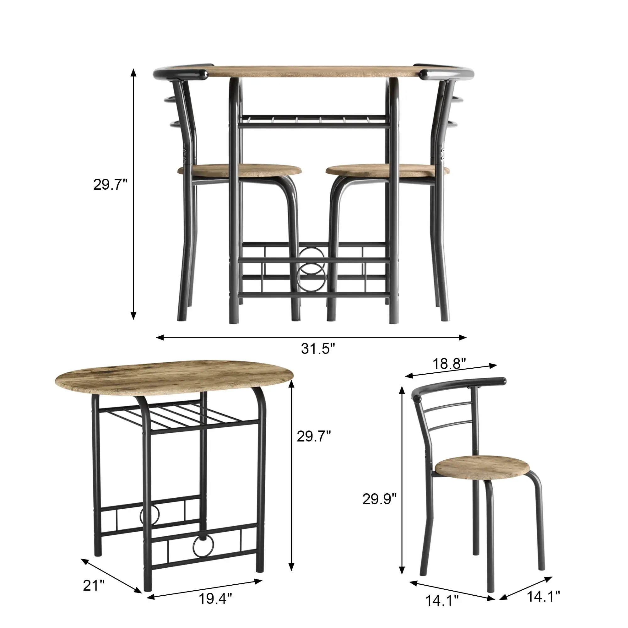 3-delige eetset voor 2 kleine keukenontbijttafelset Ruimtebesparende houten stoelen en tafelset, zwart