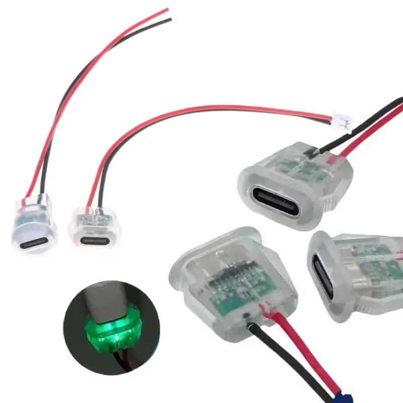 Waterproof USB-C Power Port Female Connectors Transparent 2Pin USB Type-C With LED Lights Input Type Charging Socket