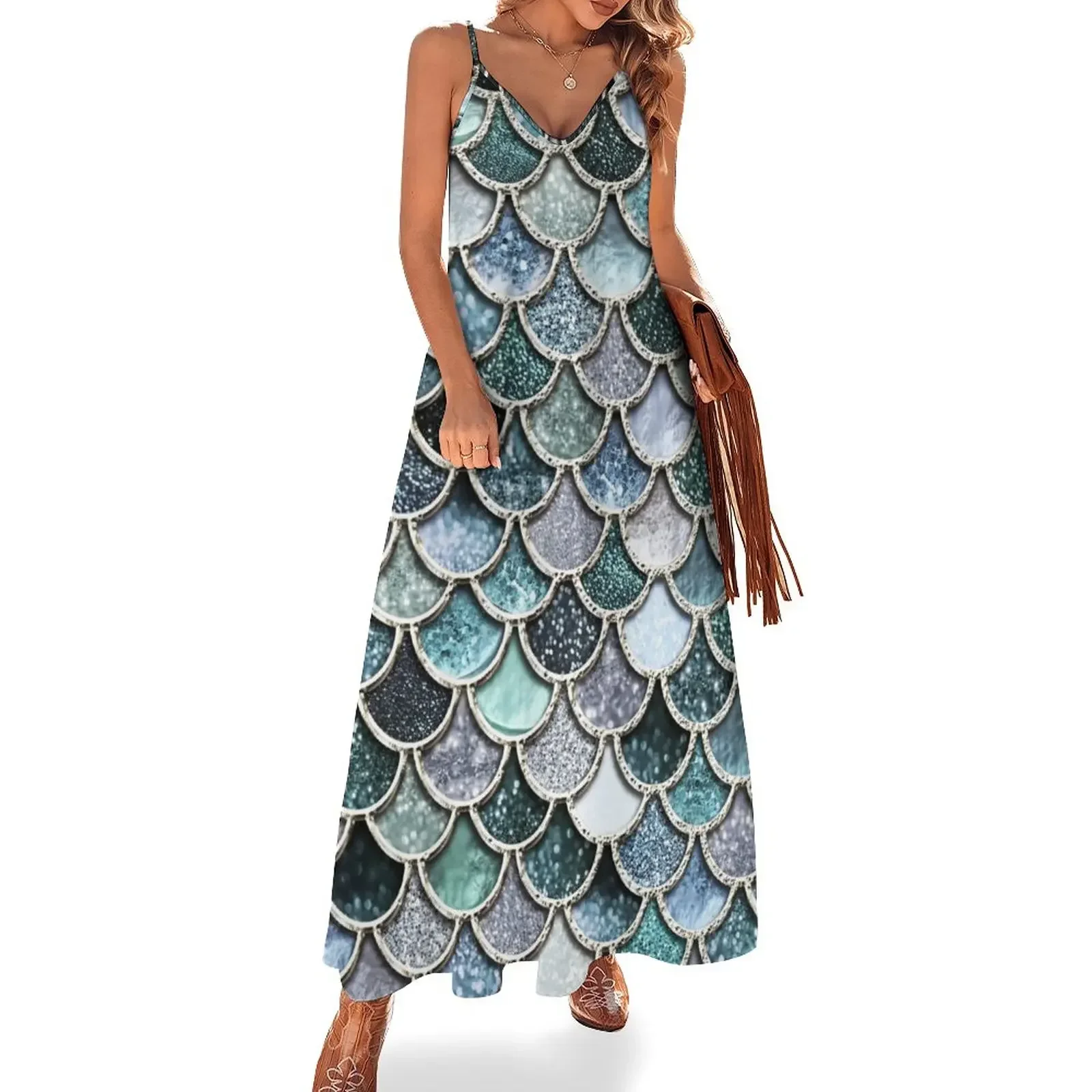 

Teal, Silver and Green Sparkle Faux Glitter Mermaid Scales Sleeveless Dress Women's summer dresses Clothing Dress