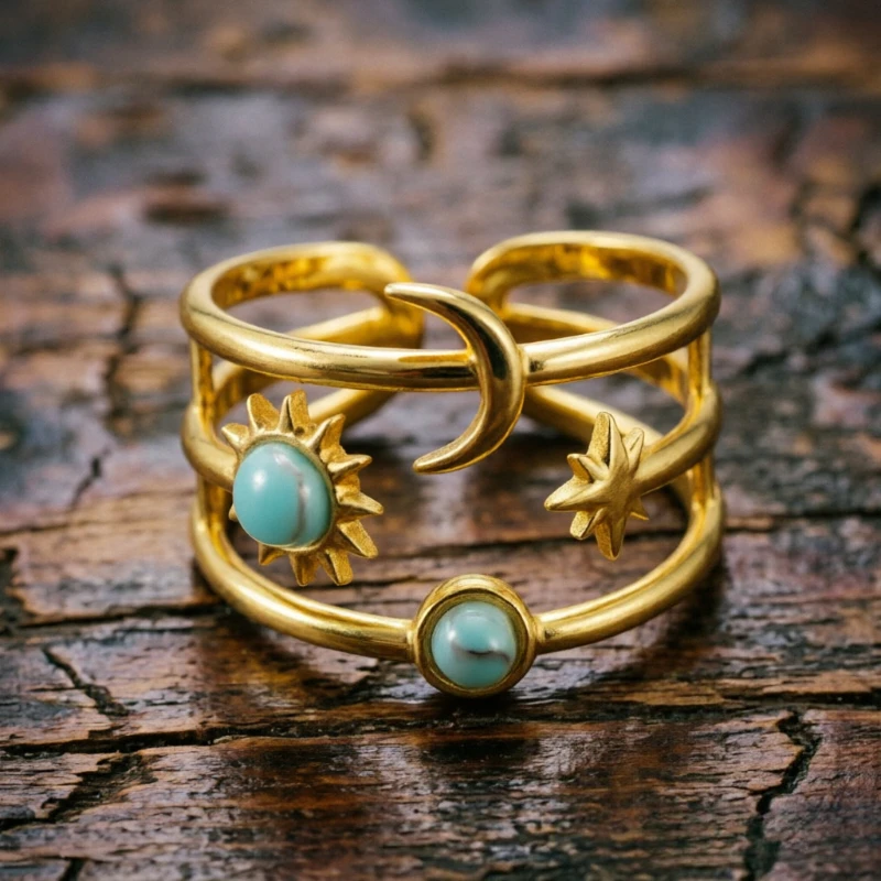 Bohemian Style Synthetic Turquoise Star Sun Multilayer Adjustable Ring Women's Elegant Vintage Banquet Anniversary Charm Jewelry