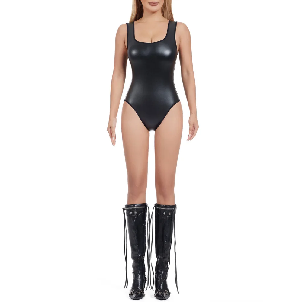 High Quality PU Leather Shaping Bodysuit Shiny Vest Triangle Suit
