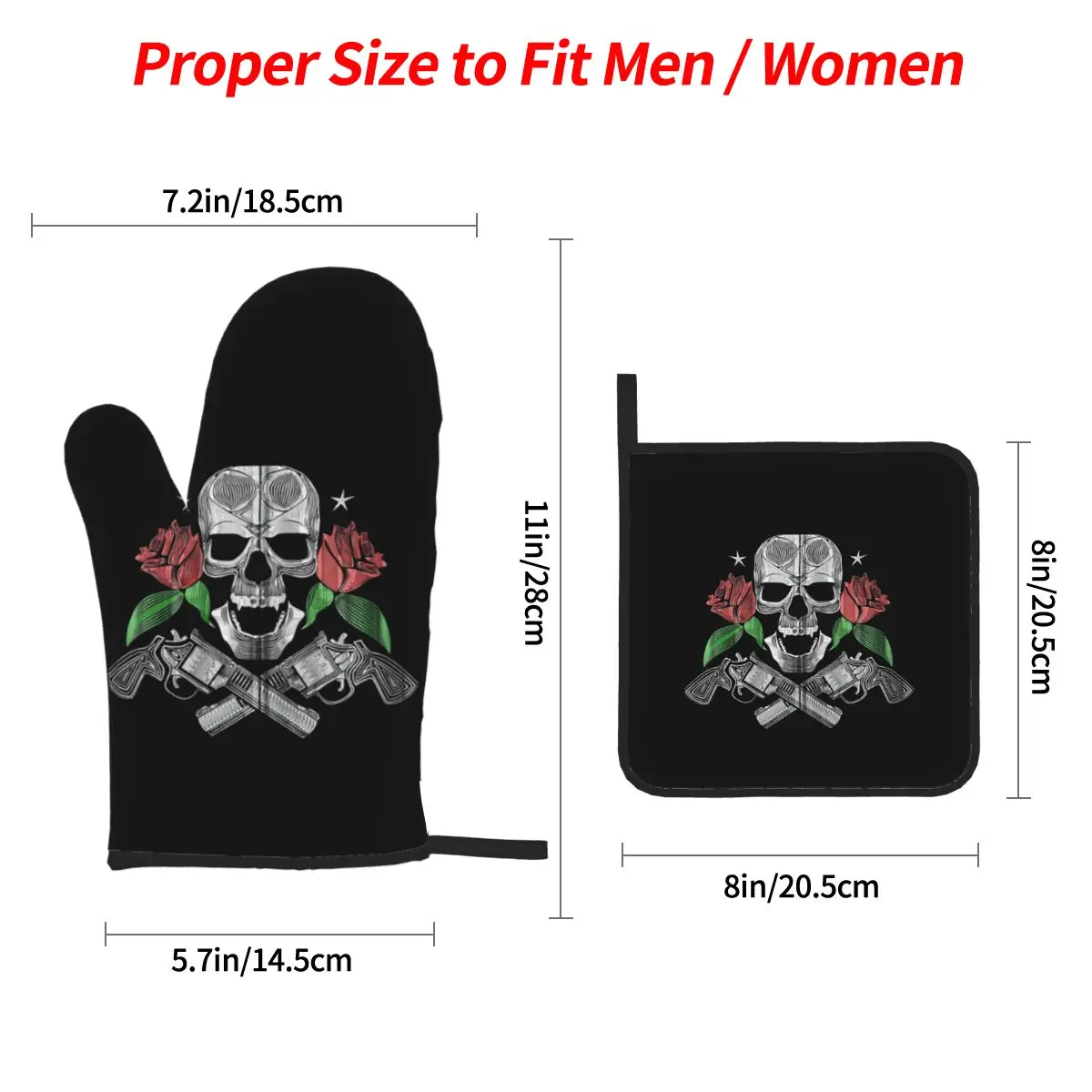 Red Roses With Guns And Skull Design Zip Hoodie Oven Mitts and Pot Holder Sets of 4 for Baking Kitchen Cooking BBQ Gloves