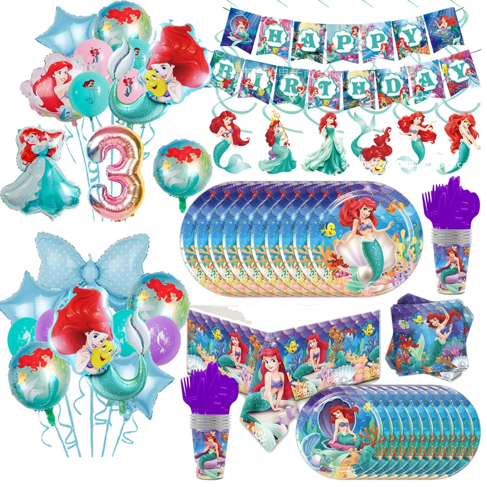 Cartoon Little Mermaid Ariel Birthday Party Decorations Paper Disposable Party Tableware Balloon For Girls Baby Shower Supplies