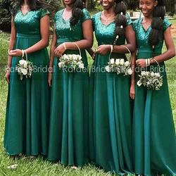 Customized Sequins Pleat A Line Bridesmaid Dresses With Capped Sleeves V Neck Emerald Green Party Dress Maid Of Honor