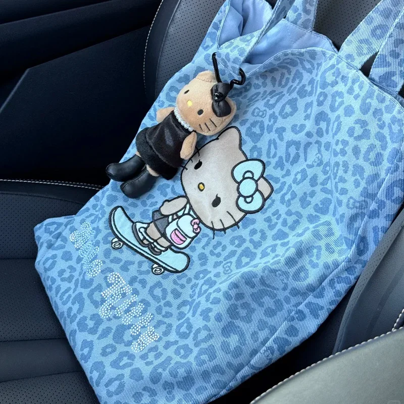 Hello Kitty Black Face Cotton Tote Bag With Rhinestone Decor Large Capacity Canvas Shoulder Bag For Women Shopping Beach