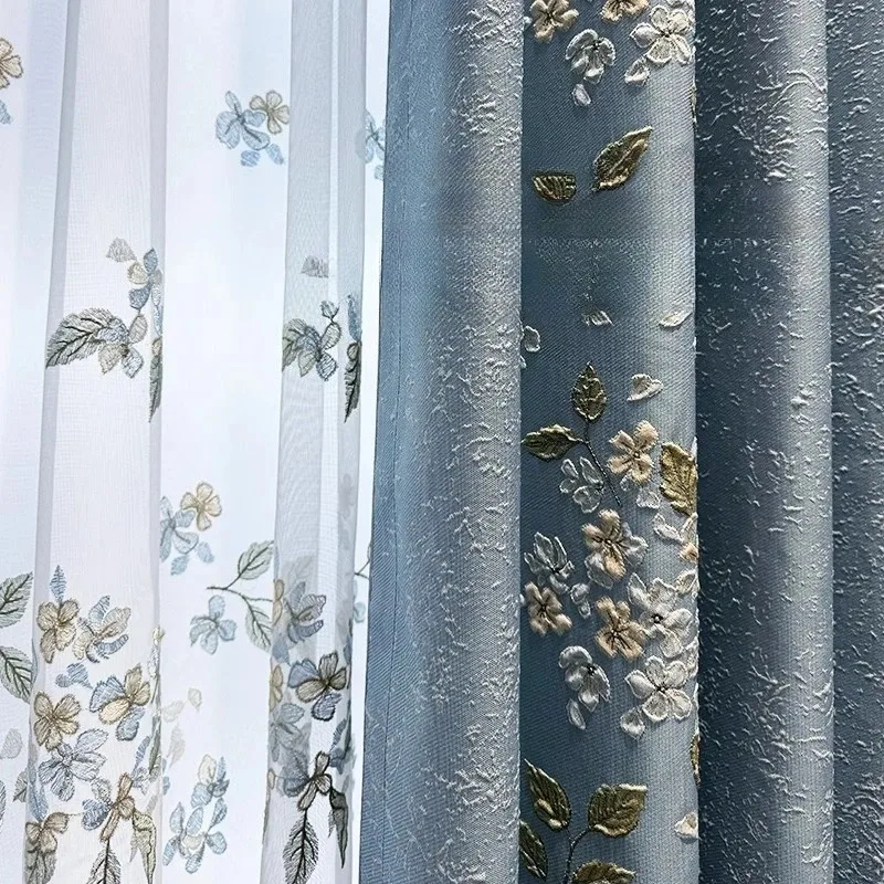 Blue Relief Craftsmanship Exquisite Embroidery Curtains for Bedroom Living Room Balcony High Customized Villa Luxury