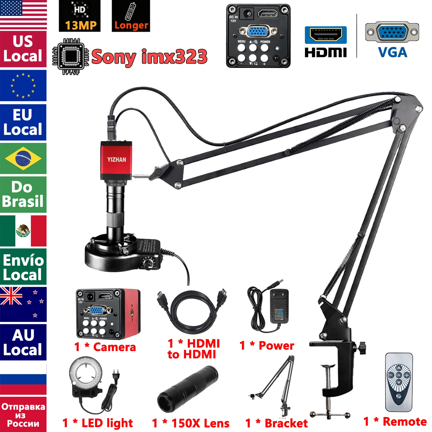 4K 48MP industriële microscoop met verbeterde standaard, 150X digitale videomicroscoop met USB-C HDMI-poort voor PCB-soldeerreparatie, Verzending vanuit Europa, snelle levering.