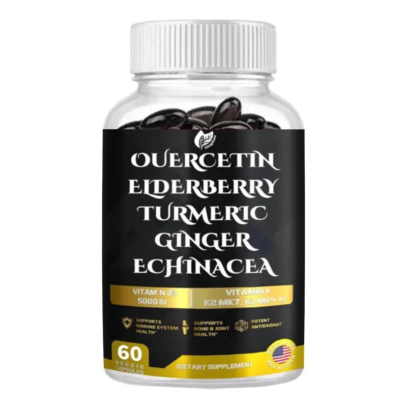Vitamin D, K2, K1, Zinc, Quercetin, Elderberry, Turmeric, Ginger, and Echinacea Whole Food Supplements 8-in-1-60 Capsules