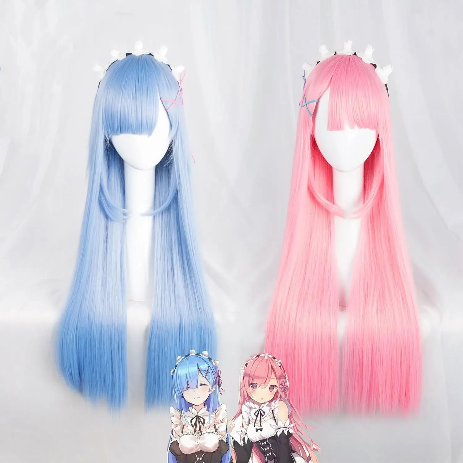 Re cosplay pruiken - Ram Rem lang steil haar, anime pruik voor volwassenen, hoge temperatuurbestendigheid, 2-in-1 dubbele pruiken