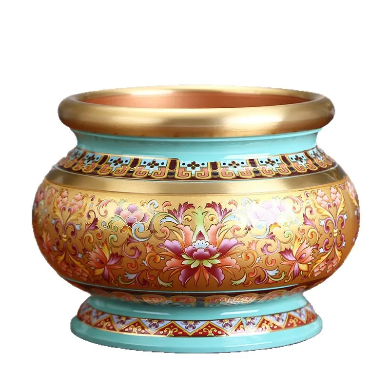 Brass Enamel Incense Burner Set Buddhist Altar Offering Fruit Plate Water Cup Lamp Vase Ornaments Bundle