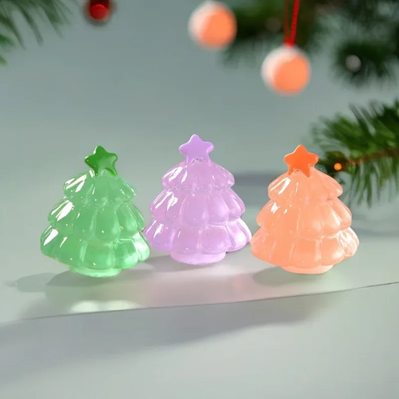 1Pcs Luminous Mini Resin Christmas Tree Miniature Figurine Snow Micro Landscape Glowing Decoration Ornaments 2024 New Year Gifts