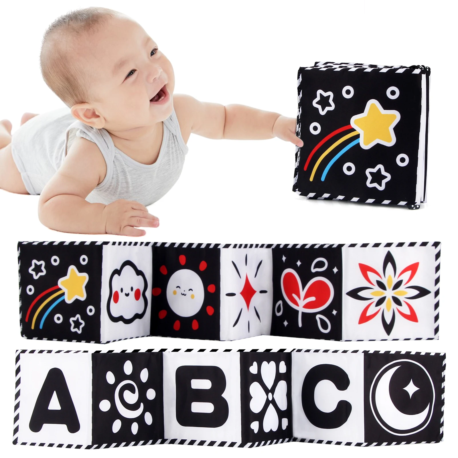 Baby Sensory Cloth Book High Contrast Baby Toys Newborn Crib Toys Black and White Animal Cloth Books 0-36 Months Montessori Toys