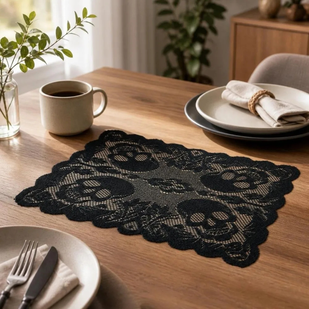 Gothic Style Halloween Placemats Skeleton Bat Decoration Dining Mat Heat Insulation Coaster Lace Table Mat Dining Table