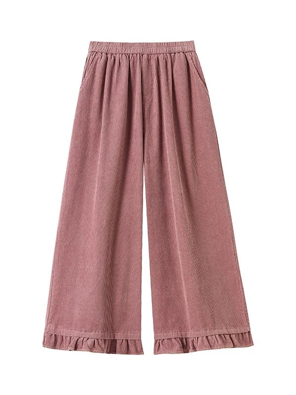بنطلون واسع الساق من القطيفة للنساء بخصر عالٍ وتصميم مرقع مع دانتيل، بنطلون كاجوال جديد للخريف والشتاء يمنح مظهراً نحيفاً