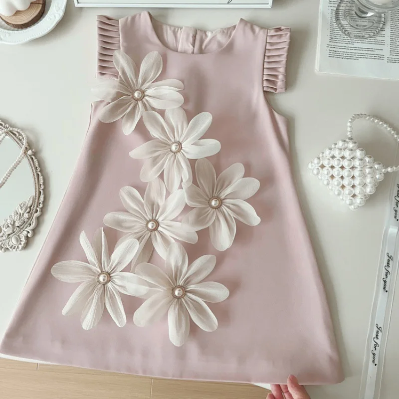 

Flying Sleeve Dress Summer 2025 New Trendy Children's 3D Flower Tank Top Girls' Princess Skirt Stylish