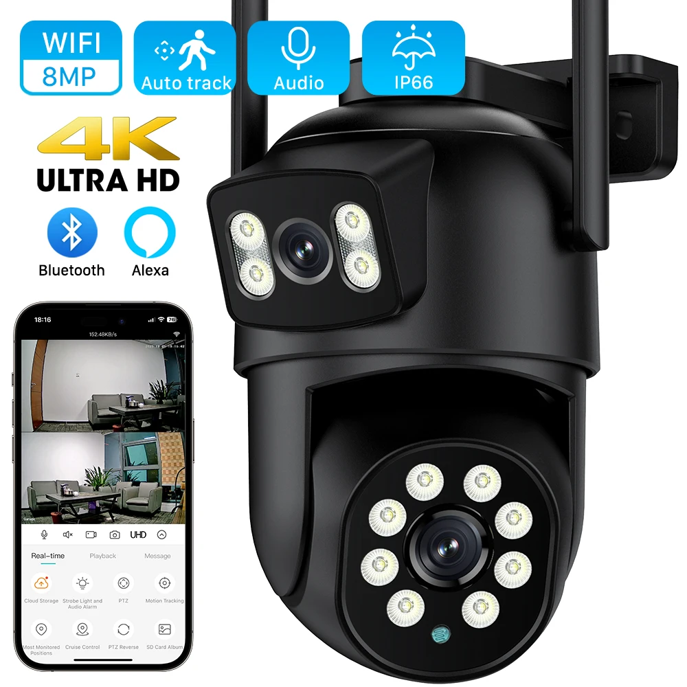 

4K 8MP 4X Digital Zoom PTZ WIFI IP Camera with Dual Lens Dual Screen 4MP HD Auto Tracking CCTV Outdoor Surveillance Camera iCSee