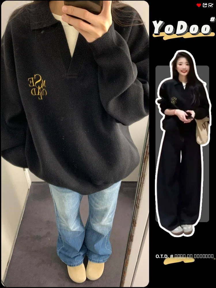 Maglione lavorato a maglia V-Ne allentato Capispalla autunno inverno da donna Partita interna Top termico lungo in due pezzi falso per ragazze giovani