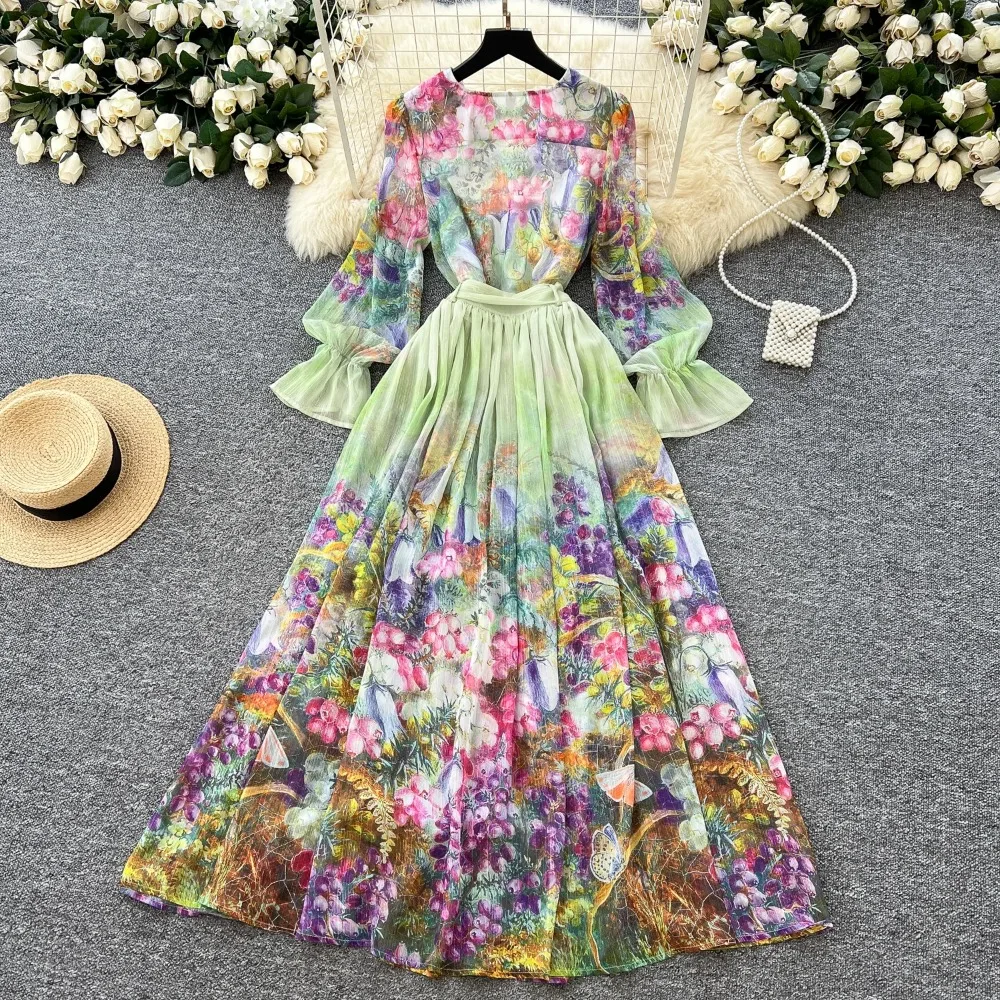 Abito da donna sexy in chiffon con stampa vintage, manica svasata, monopetto, scollo a V, elegante abito lungo slim a maniche lunghe