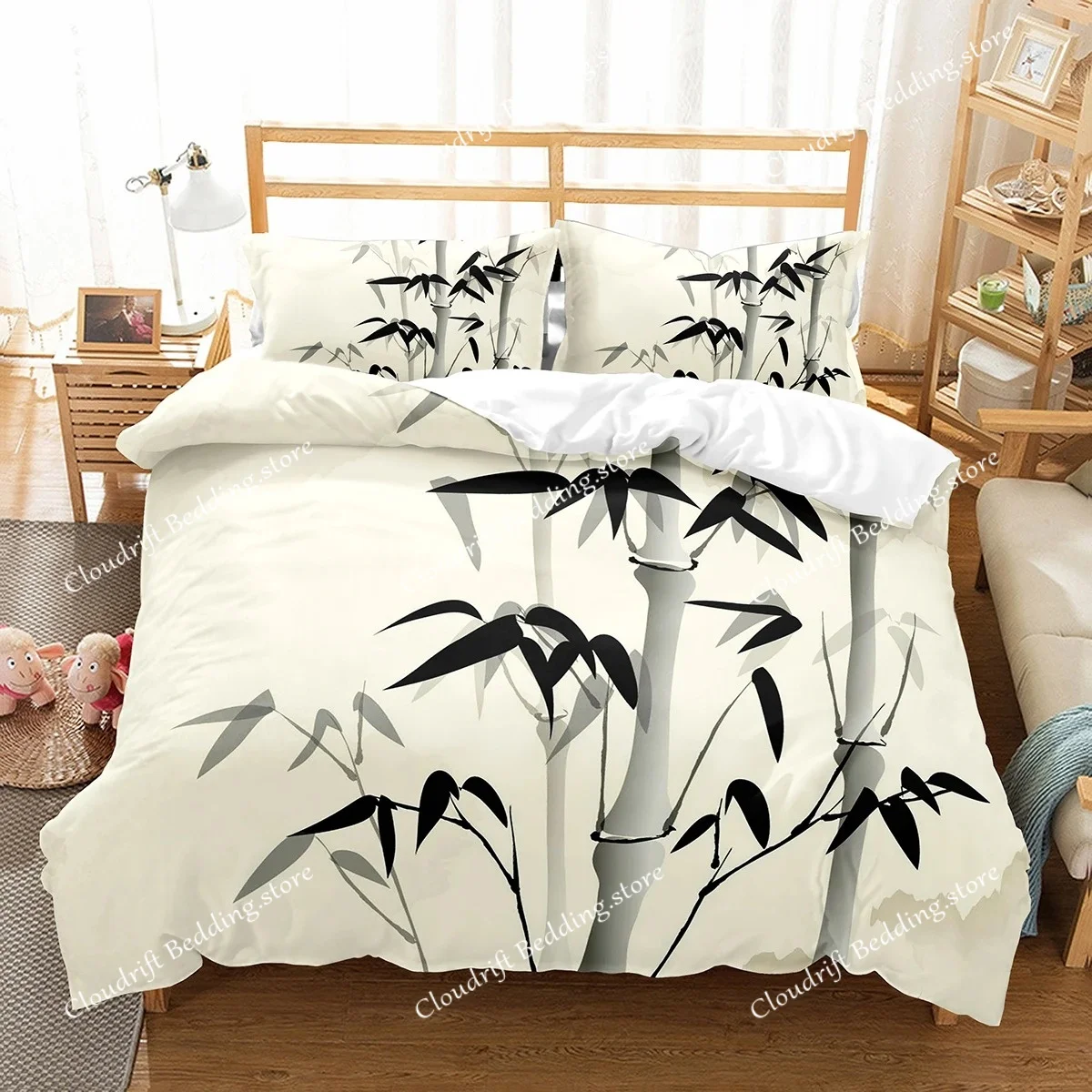 

Bamboo Duvet Cover Set Ink Painting Black Green Bamboo Polyester Comforter Cover King Queen Size For Kids Boys Girls Bedding Set
