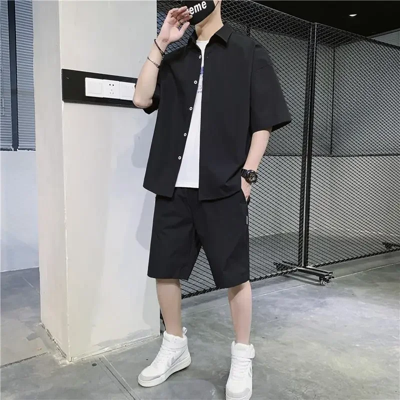 Man Sets Sports Black No Logo Two Piece Set Tee Korean Style 2024 T-shirts Shorts Suits For Men Offer Youthful Emo Two-piece Xl