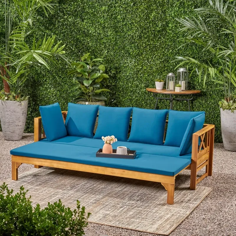 Outdoor Extendable Acacia Wood 3-Seater Sofa Convertible Patio Daybed Beige Cushions Modern Teak Apartment Hotel