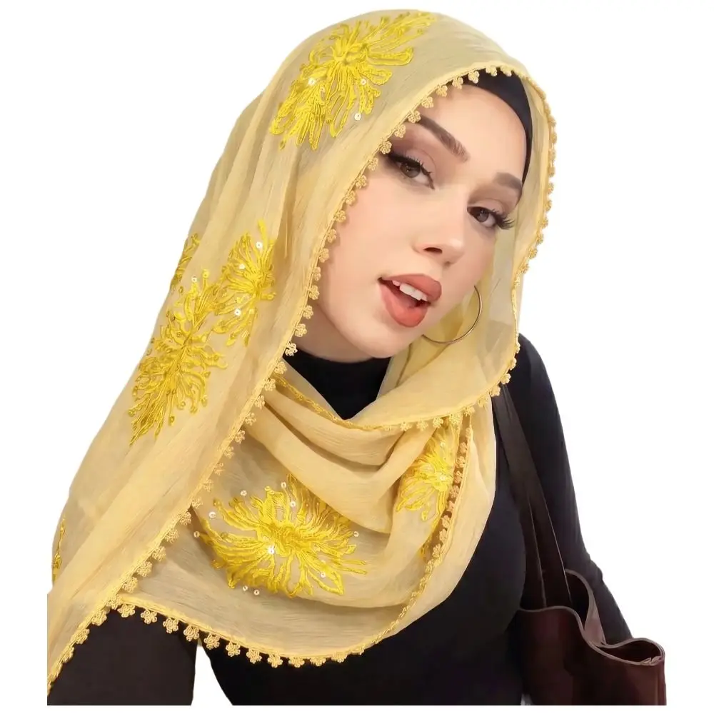 Muslim Hijab Elegant Islamic Headscarf Full Cover Floral Sequin Wraps Shawl Elastic Solid Color Turban Cap Daily Wear